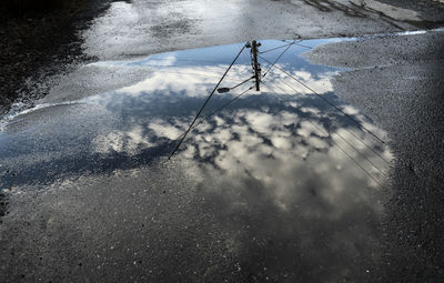 High angle view of puddle on land against sky