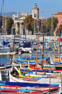 Sailboats moored in harbor