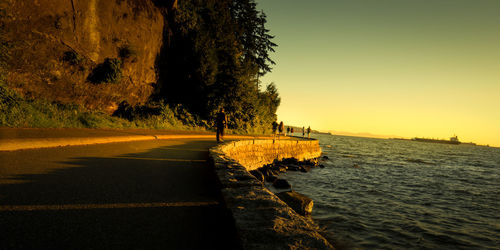 Road by trees against clear sky during sunset