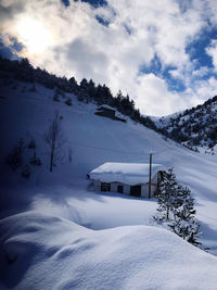 Scenic view of snow covered mountains against sky