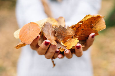 Midsection of woman holding autumn leaves outdoors