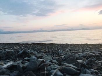 Close-up of pebbles on beach against sky during sunset