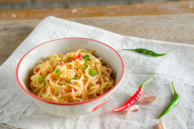 High angle view of pasta in bowl on table