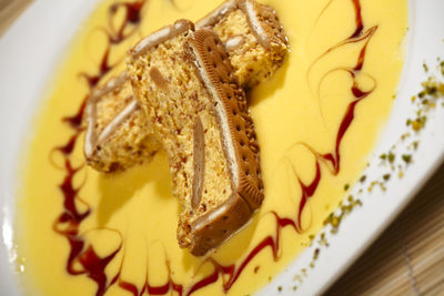 High angle view of cake in plate