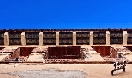 Low angle view of old building against clear blue sky