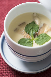 High angle view of soup in bowl