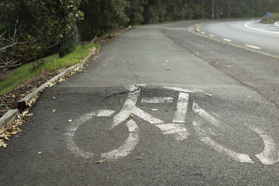 High angle view of road sign on street