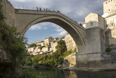 Arch bridge over river against sky