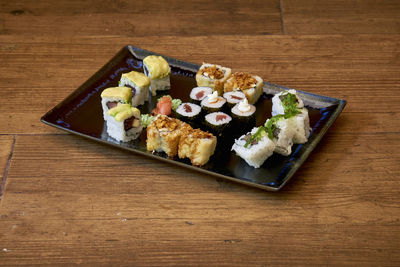 High angle view of sushi on table