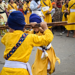 Delhi, india, october 2, 2023 - sikhs display gatka and martial arts during annual nagar kirtan