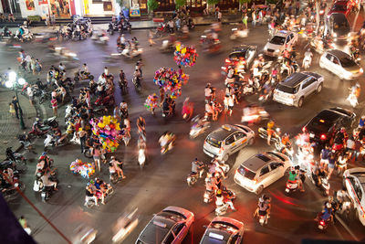 High angle view of people on city street