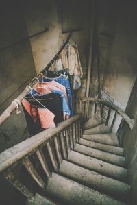 High angle view of clothes drying on staircase in building
