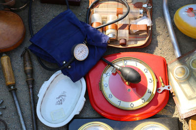 High angle view of various equipment on ground