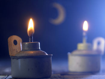 Close-up of illuminated candles on table