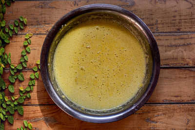 High angle view of drink in bowl on table