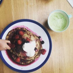 High angle view of breakfast served on table