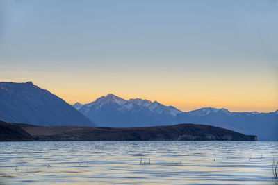 Scenic view of snowcapped mountains against sky during sunset