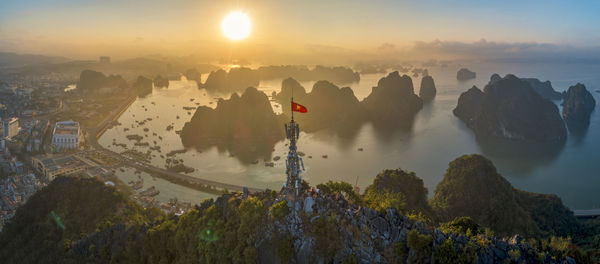 High angle view of cityscape against sky during sunset