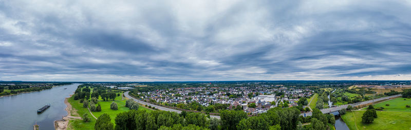 Panoramic view of the rhine near leverkusen, germany. drone photography.