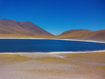 Scenic view of desert against clear blue sky