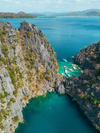 High angle view of bay against sky