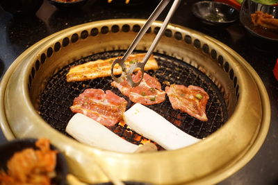 High angle view of meat in cooking pan