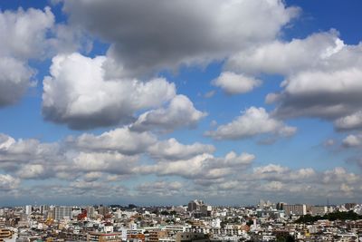 High angle view of cityscape against cloudy sky