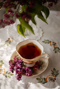 High angle view of coffee on table