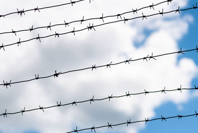 Low angle view of barbed wire against sky