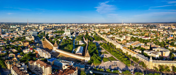 High angle shot of townscape against sky