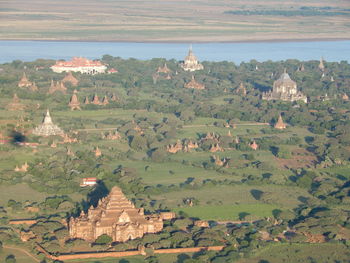 Temples and pagodas seen from a hot air balloon over bagan, myanmar.