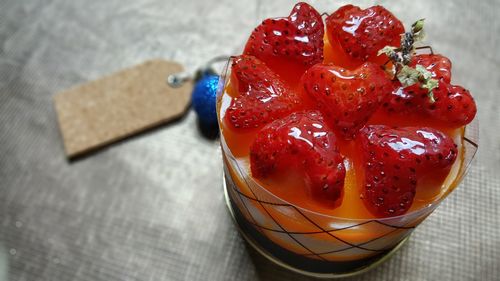 High angle view of dessert on table