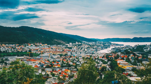 High angle shot of townscape against sky