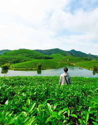 Woman standing by plants against sky