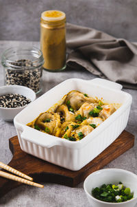 High angle view of food in plate on table