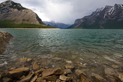 Scenic view of sea and mountains against sky
