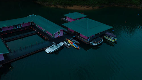 High angle view of boats moored in lake