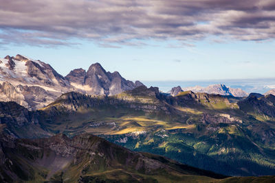 Scenic view of mountain range against cloudy sky