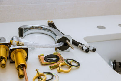 High angle view of tools on table