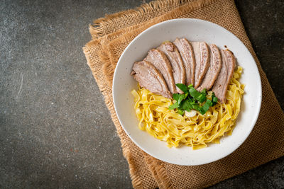 High angle view of food in plate on table