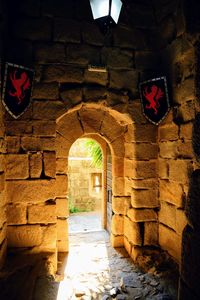 Corridor of historic building at night