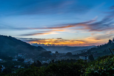 Scenic view of buildings against sky during sunset