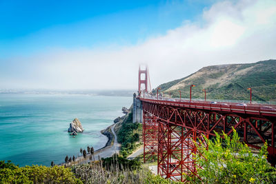 Golden gate bridge over sea against sky