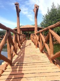 Wooden footbridge against sky