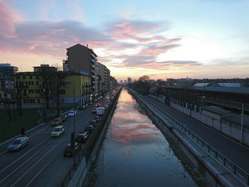 Panoramic view of city during sunset