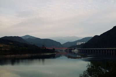 Scenic view of lake and mountains against sky