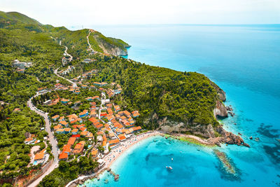 Aerial view of town and beach in lefkada island