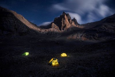 Illuminated tents on land at night