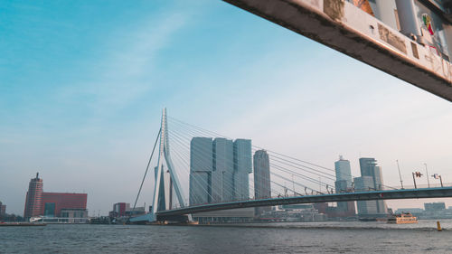 Bridge over river by city buildings against sky