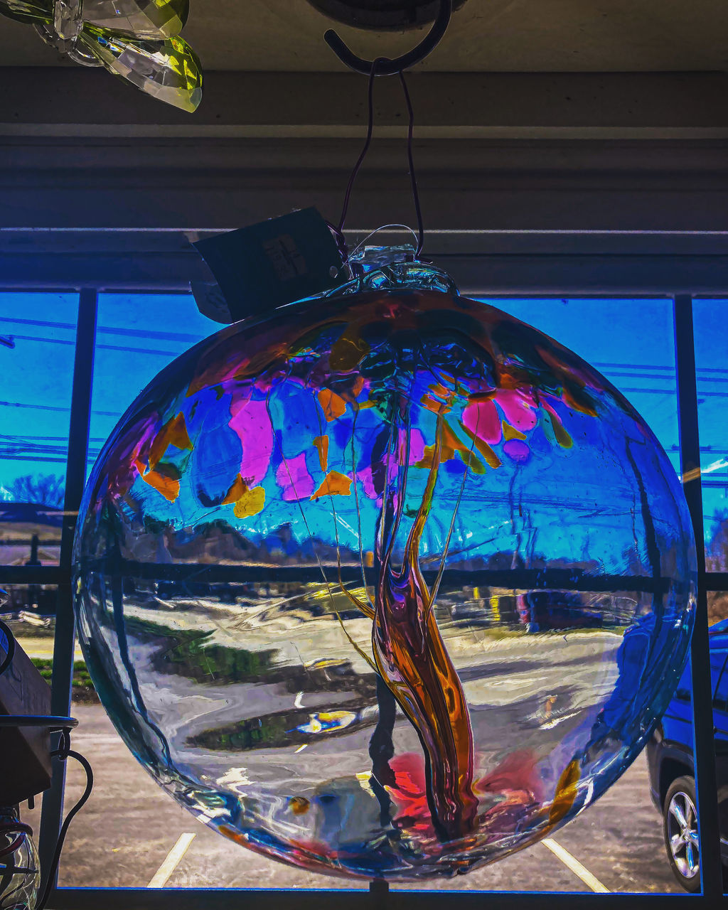 blue, glass, window, no people, multi colored, light, indoors, art, architecture